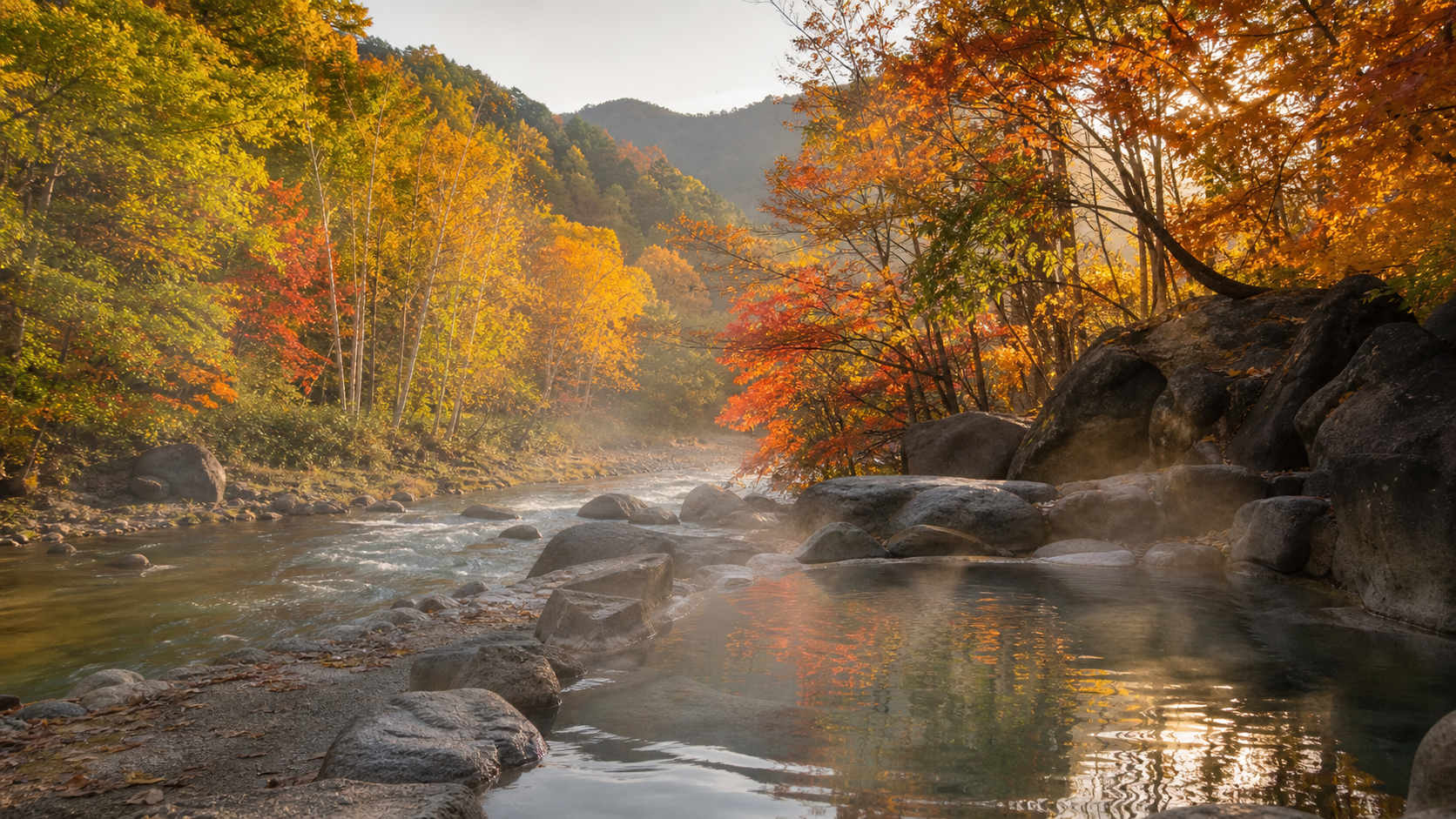紅葉の川辺に広がる定山渓温泉をイメージした景観